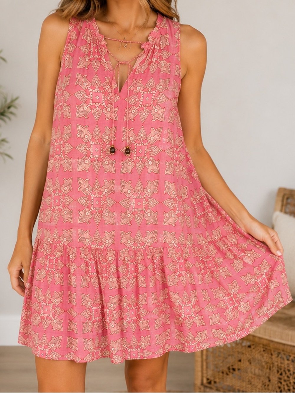 Oliphant Pink Floral Block Print Cotton Tiered Mini Dress Large Sleeveless Boho